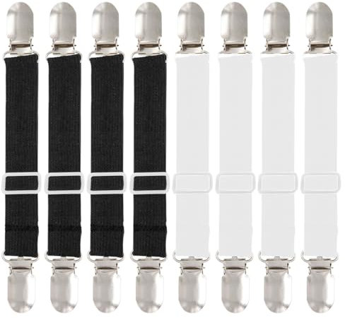 MIRKUZI Accessoires literie Lot de 8 tendeurs de draps réglables (35 cm - 130 cm), tendeurs de draps élastiques, tendeurs de draps avec clips métalliques (noir et blanc)