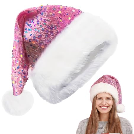 Niesel Weihnachtsmannmütze Mit Pailletten, Rosa Weihnachtsmütze Für Erwachsene, Glänzende Weihnachtsmütze, Luxuriöse Weihnachtsmütze Aus Plüsch Mit, Glitzernde Pailletten-Hüte, Weihnachtsmützen