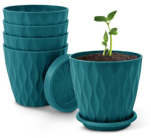 ALAGIRLS Flowerpots, 15cm Set of 3, Modern Decorative Planters, Indoor/Outdoor Plastic Plant Pots,for Indoor Plants with Drainage Holes and Saucers Outdoor Garden Planters，Blue