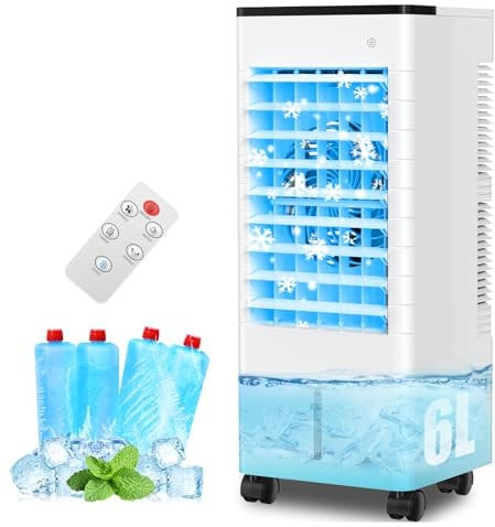 Aire Acondicionado Portatil Silencioso, 3 en 1 Enfriador de Aire Evaporativo Sin Tubo Exterior, 6L Tanque Agua, 3 Velocidades Viento, Temporizador 1-15H, Control Remoto 8M, Oscilación, Hogar Oficin