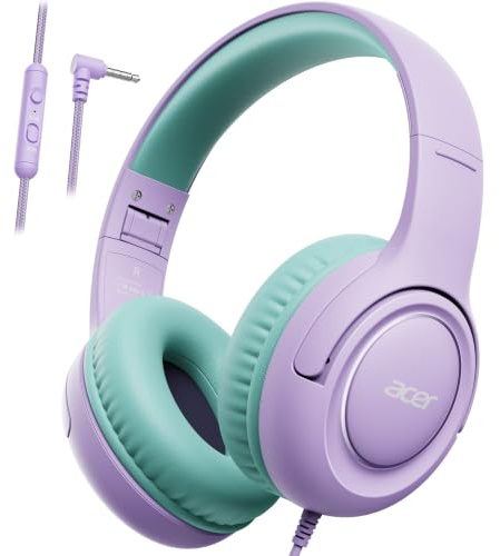acer Kids Headphones - Over-Ear 85/94dB Volume Limiter, 3.5mm Jack Foldable Stereo Sound Headset for Toddlers Girls Boy Travel Learning Entertainment Tablet Kindle iPad PC Purple Green, HK03