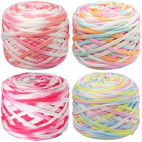 SIMEIQI 4 Stück 800 g T-Shirt-Garn, elastischer Stoff, gehäkelt, für DIY-Stricken, Spaghetti, dickes Strickgarn für Handarbeiten, Taschen, Korb, Kissen, Häkelprojekte, Heimdekoration C