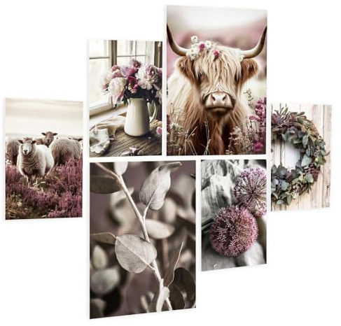 artissimo, Bilderset 6er-Set aufhängefertig, PE6769-DS, mehrteilige Wanddeko, moderne Bilderwand, Wandbilder-Set, Boho, Blumen, rosa beige, Vintage Landhaus-Stil