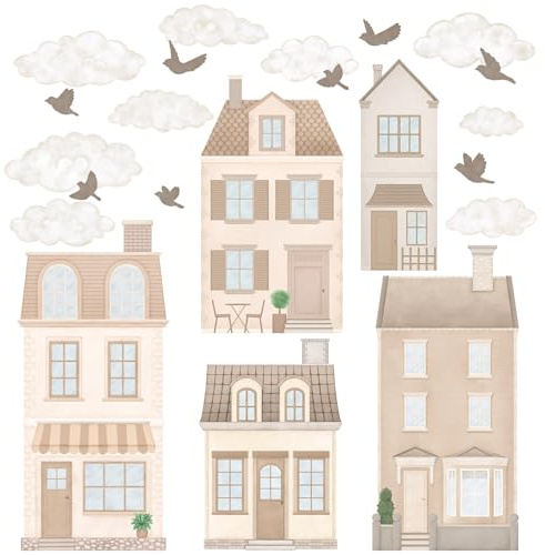 Wally Fox - Wandsticker Kinderzimmer - Wandtattoo Babyzimmer - Ungiftig, leistungsstark - Set 22 Stück, Cottages, Stadthäuser, Pariser Stadthaus, Stadt, Haus, Häuser - Braun, Beige