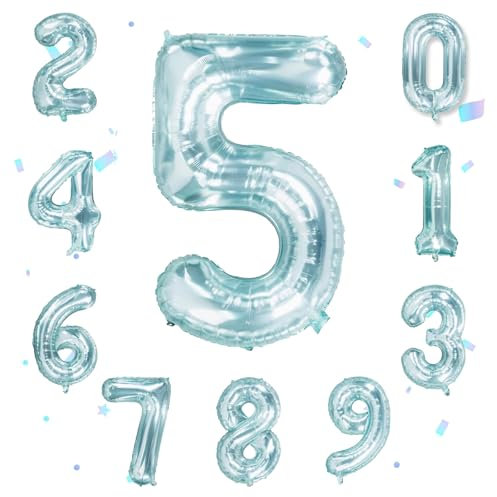 Ovanda Luftballon 5. Geburtstag Zahl 5 Kristallblau XXL Riesen Folienballon 100cm Geburtstagsdeko Ballon Zahl Deko, Folienballon 5, Geburtstag 5 Jahre Junge, Deko Luftballon 5. Geburtstags