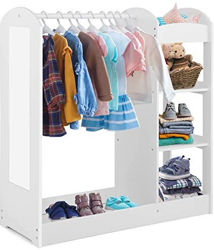 FANTASK Holz-Kinderkleiderschrank 93,5 x 38 x 100 cm,Prinzessinen-Garderobe mit Spiegel & Kleiderbügel & 4 Regalen,weißer Kinderkleiderschrank, Weiß