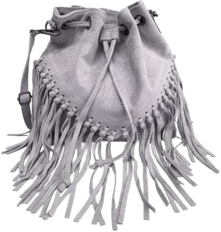 LeahWard Suede Drawstring Bucket Bag with Fringe Detail, Italian Suede Leather Cross Body Bag, Boho Style