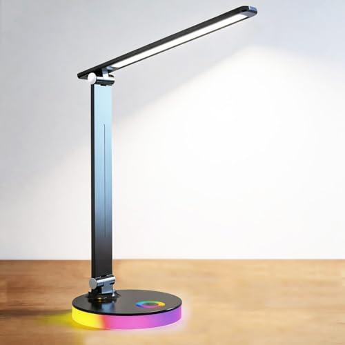 sakruda LED Desk Lamp,Eye-Caring Touch Control Table Lamp W/USB Charging Port,Stepless Dimmable Beside Reading Light,Foldable Desk Lamp W/Colored Night Light for Work,Kids Study,Home,Bedroom,Black