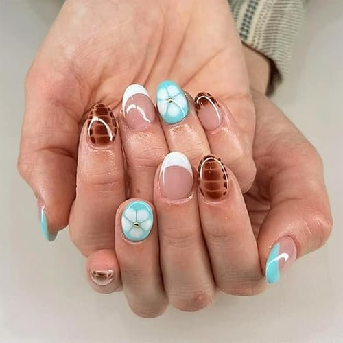 24PCS Blue Flower Press On Nails - Summer Jelly Gel Nail Kit with 3D Design, Almond Shape for Women Girls, Perfect for Summer Beach Party & Daily Wear