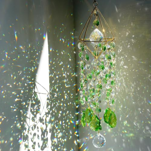 Vergoldet Kristall Sonnenfänger Windspiel Kristall Anhänger Garten Fenster | Handgefertigter Regenbogenmacher Crystal Suncatcher Lichtfänger Outdoor Windspiel Buntglas Boho Deko zum Aufhängen Grün