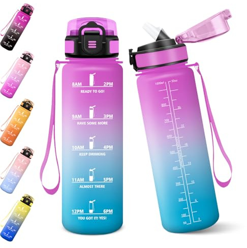 Baramumu Gourde, 1000ML Gourde Paille Adulte, Sans BPA, Bouteille d'eau de Motivation avec Marqueur de Temps, Bouteille Sport pour Salle de Sport, Aire Libre, Yoga - Rose&Cyan