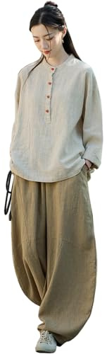 CHUIKUAJ Abbigliamento Tai Chi da Donna, Tuta da Kung Fu Retrò Cinese, Cotone e Lino, Maglia a Maniche Lunghe + Pantaloni per Esercizi Mattutini, Meditazione (Khaki, Onesize)