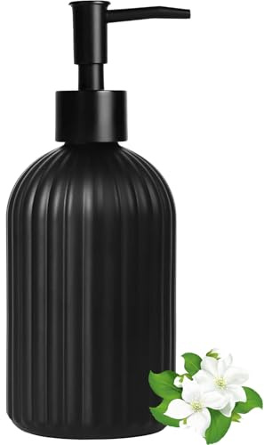 GKSCXEXE 400ml Glas Seifenspender Schwarz, Spülmittelspender für Küche | Seifenspender Schwarz Matt für Badezimmer, Modern Soap Dispenser mit Kunststoffpumpe und Trichter, Seifenspenders Vintage