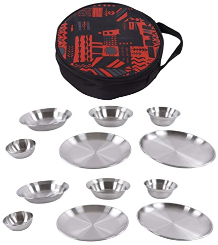 Beufee Service de table de camping 12 pièces, assiettes et bols en acier inoxydable, vaisselle avec sac de rangement pour randonnée en plein air, camping, voyage, pique-nique