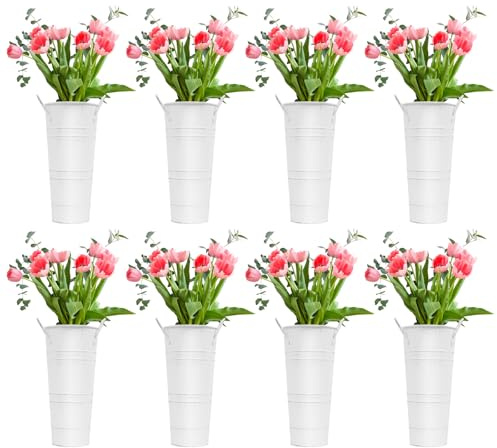 Set of 8 Metal Bucket Flower Vases, Galvanized Iron Cylindrical Decorative Planters with Handles, Rustic Vintage Style for Home Garden Wedding Table Centrepieces, Outdoor Decor (White)