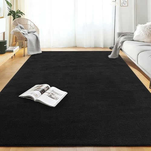Teppich Wohnzimmer Groß 140x200cm Schwarz, Waschbarer Kurzflor Teppich | Flauschig Weich & Rutschfest, Einfarbiges, Modernes Design für Wohnzimmer, Kinderzimmer, Flur und Büro