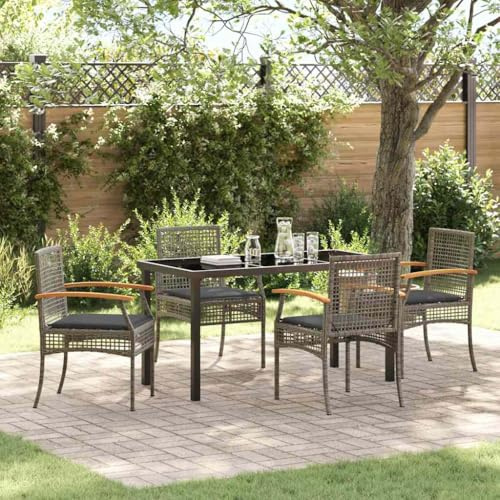QUAHEAS Salon de jardin 5 pièces en polyrotin gris avec bois d'acacia, table à manger avec plateau en verre et 4 chaises, ensemble de meubles d'extérieur modernes pour terrasse et balcon