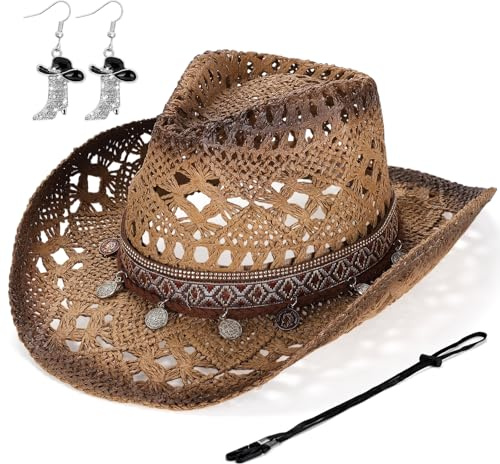 Geebuzz Straw Cowboy Hat for Women, Western Cowgirl Hats with Boot Earrings, Brim Summer Beach Hat