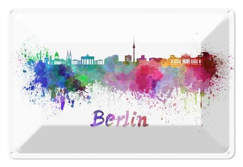 Wallario Blechschild Wandbild aus Metall Städte als Aquarell - Skyline von Berlin - 20 x 30 cm in Premium-Qualität: Brillante Farben