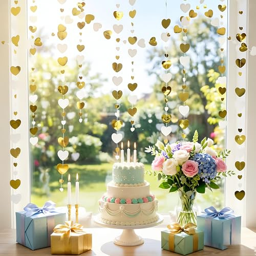 Just Married Deko 52Ft Herz Papiergirlande Weiß Gold Hochzeit Girlande | Herz Girlande für Empfang Feier Raumschmuck, Verlobungsparty Ausstattung, Hochzeit Girlande, Hängende Deko Hochzeit