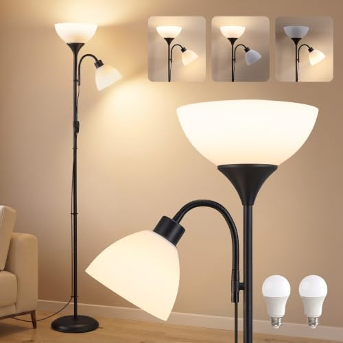 VASAGLE Lámpara de Pie LED de Hierro, con Bombilla, con Luz de Lectura Ajustable, 38,5 x 23,5 x 176 cm, Negro Mate, para Salón y Oficina, Colección Lusia LFL019B202