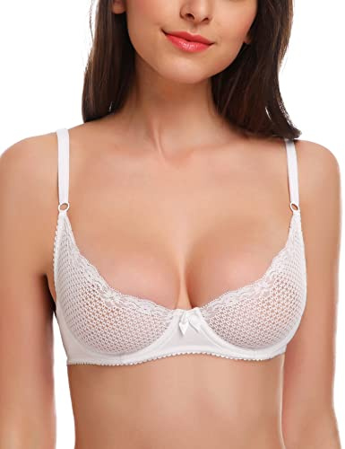 Wingslove Sujetador Mujer Encaje Sexy de 1/2 Taza con Aros sin Relleno Ver a Través de Dalcón sin Forro(Blanco,85D)