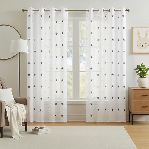 Deconovo Voile Ösen Vorhänge Kinderzimmer Dekosachals Bestickte Vorhang Stern Gardinen Wohnzimmer, 290x140 cm(HöhexBreite), Dunkelblau, 2er Set