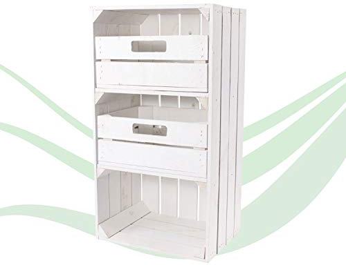 4X Vintage-Möbel 24 Weiße Regalkiste mit 2 Schubladen 75cm x 40cm x 31cm Obstkisten Schrank Holzbox Shabby chic Weiss Nachttisch DIY modern Möbel Garten Weinkisten