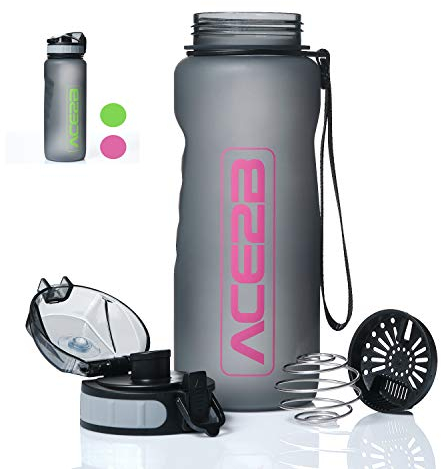 ace2b Trinkflasche 800ml Sport & Fitness mit Shaker Ball für Eiweiß Protein Shakes + Sieb I Sportflasche für Fitnessstudio Fahrrad Outdoor I Tritan BPA frei, auslaufsicher
