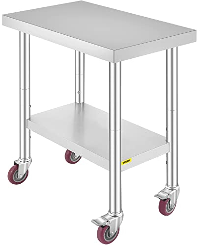 VEVOR Arbeitstisch aus Edelstahl, 76,2 x 45,7 cm, kommerzieller Küchentisch mit 4 Rädern, kommerzielle Lebensmittelzubereitung, Werkbank mit Flexibler Einstellablage für Küchen-Vorbereitungstisch