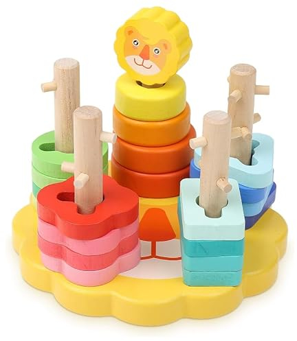 Boxiki kids Holzpuzzle für geometrische Stapel- und Sortierbretter zur Form- und Farberkennung. Geburtstagsgeschenkspielzeug für Kinder (Löwe)