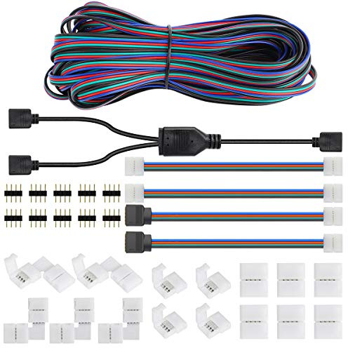 SUPERNIGHT LED-Streifenverbinder 4-polig 3528 2835 RGB-Lichtschlauch-Anschlusskit 8 mm, lückenloser lötfreier Clip, 32,8 Fuß Verlängerungskabel, L-förmige Leiterplatte (für 8 mm breite Streifen)