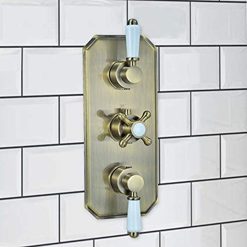 ENKI, Regent, TSV044, Antique Brass Triple Concealed Thermostatic Mixer Tap Valve with Two Outlets for Bathrooms, Traditional Victorian Style