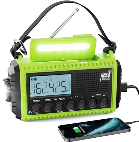 Raynic Radio d'urgence, radio météo 5000 mAh/18500 mWh, radio solaire à manivelle avec alerte AM/FM/SW/NOAA, chargeur de téléphone portable, prise casque, lampe de poche et sirène SOS