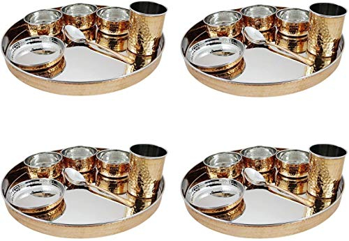 Indian dinnerware Stainless Steel Copper Traditional Dinner Set of thali Plate, Bowls, Tumbler and Spoon, Diameter 13 inch Set of 4 (02)