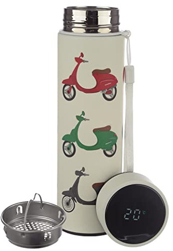 Puckator On Two Wheels - Stainless Steel Water Bottle with Led Temperature Display - Cold for 24h and Hot for 6h - Metal Water Bottles with Scooter - Modern Thermos Flask - Bpa Free - 450 ml
