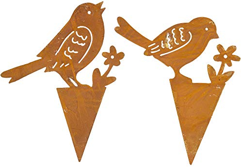 B2S BACK2SEASON 2 x Metall Stecker Vogel mit Blume Edelrost Topfdeko zum stecken Vögelchen 2er-Set