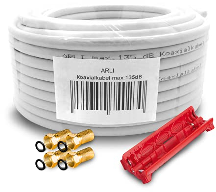 ARLI 15m Koaxialkabel – max. 135 dB 5-fach geschirmt UV-beständig + 4x F-Stecker vergoldet & Abisoliermesser für DVB-S DVB-T2 4K HDTV