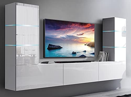 Furnitech Wohnwand Wohnzimmer | Wohnzimmer Möbel mit LED RGB - 16 Farben | Hängend Wohnwand Modern | Wohnzimmer Schrankwand mit Regale und TV Schrank (Future 57/HG/W/2 1B)
