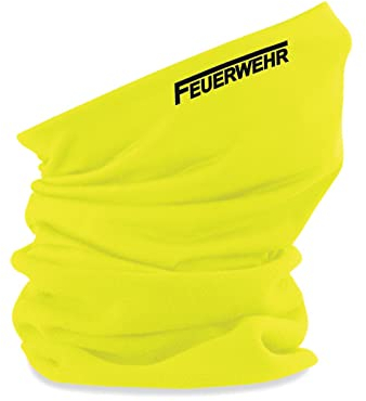 SHIRT-TO-GO Multifunktionstuch Alltagstuch Alltagsmaskenschal Maskenschal Mund- und Nasenschal Abdeckung fluoreszierend gelb mit Aufdruck schwarz Feuerwehr - Retten Schützen Bergen Löschen