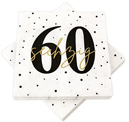 in due 20 Servietten zum 60. Geburtstag 33 x 33 cm - Weiß, Schwarz, Gold