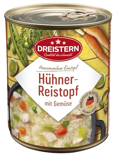 DREISTERN Hühner-Reistopf 800g I Mit Hühnerfleisch & Gemüse I Herzhafter Eintopf in recyclebarer Konservendose I Lange Haltbarkeit dank natürlicher Konservierung I Hausmacher Qualität
