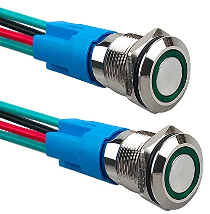 Aiqeer 2 Piezas 12 mm Interruptores de Botón Momentáneo, 12V / 24V 3A Interruptor de Botón LED Verde, Interruptor Pulsador Metálico Impermeable, con Enchufe Precableado