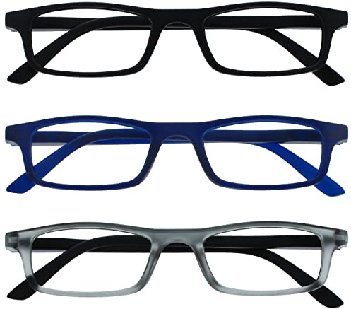 OPULIZE Ted Reading Glasses 3 Pack Narrow Matt Lightweight Frame Black Navy Blue Transparent Grey Spring Hinges Scratch Resistant Mens Womens RRR17-137 +1.00