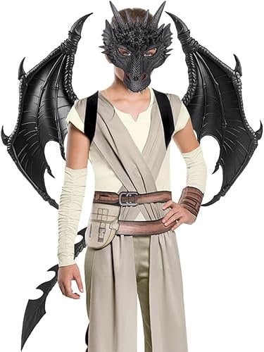 Yeeteesy Halloween Drachen Flügel Schwanz Masken Set, Maskerade Kostüm Cosplay Party Geschenk Requisiten für Kinder Jungen Mädchen und Erwachsene (Set-Schwarzer)