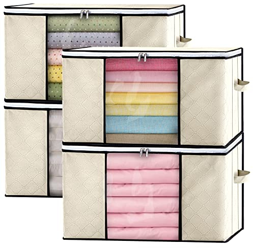 GoMaihe Scatole per Armadio 4 PCS Contenitori Armadio Salvaspazio con Cerniera Manico, Scatole Trasloco per Vestiti pieghevoli, Organizzatore Armadio Organizer Biancheria Trapunte Coperte, Beige