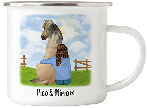 Kiddle-Design Reiterin Emaille Tasse Personalisiert Pferd Pony Pferdeliebhaber Geschenke Pferdebesitzer Pferdetasse Pferdemotiv Mädchen Reiter Geschenk