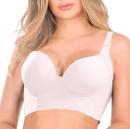 Fashion Deep Cup Bra Hides Back Fat Full Back Coverage Bra with Shapewear Incorporated Plus Size Push Up Sports Bra, White, 38D