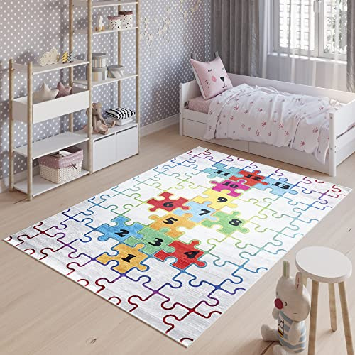TAPISO Emma Kinderteppich Bunt Zahlen Puzzle Antirutsch 80 x 150 cm