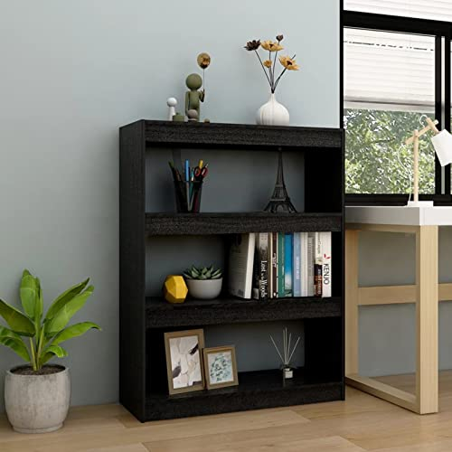 MOONAIRY Bücherregal/Raumteiler, Raumteiler Regal, Standregal, Bookcase, Bücherwand, Büroregal, Regalbrett, Schwarz 100x30x103 cm Kiefer Massivholz